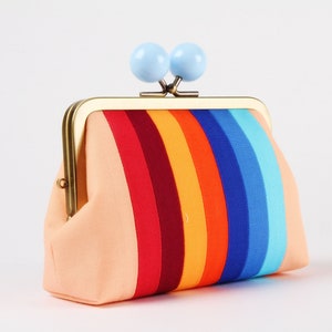 Kiss lock fabric wallet with color bobble - 80's stripes - Big pop-up / Double metal frame purse / Two sections wallet / Rainbow