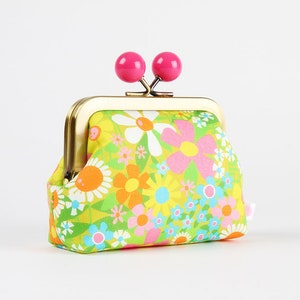 Metal frame coin purse with color bobble - Vintage floral - Color dad / Lysa Flower / kisslock fabric wallet / Neon green pink orange blue