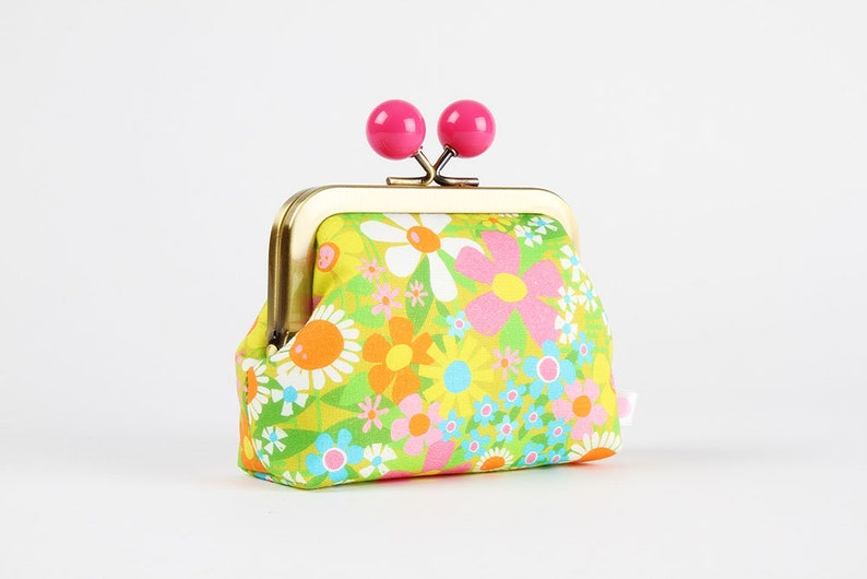 Metal frame coin purse with color bobble Vintage floral Color dad / Lysa Flower / kisslock fabric wallet / Neon green pink orange blue image 1