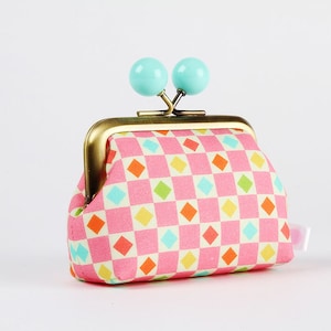 Metal frame coin purse with color bobbles - 9 to 5 / Lunch room - Color mum / Lysa Flower /  Pink clasp pouch / Kisslock fabric wallet