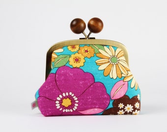 Metal frame clutch bag - Sopo retro flowers purple - Color wooden bobble purse / Kisslock cosmetic case / teal yellow pink