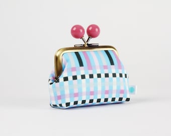 Metal frame coin purse with color bobbles - Gingham in hydrangea - Color mum / Ruby Star Society / Kim Kight / Kisslock fabric wallet