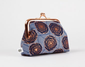 Clasp frame purse - Bunch of roses in navy - Big dad rosegold / Jen Hewett / Kisslock fabric wallet / metallic print