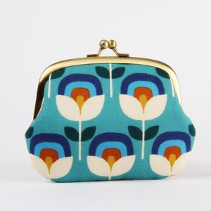 Metal frame purse with two sections - Retro rainbow flowers in blue - Pop up / Clasp wallet / Japanese fabric / yellow brown