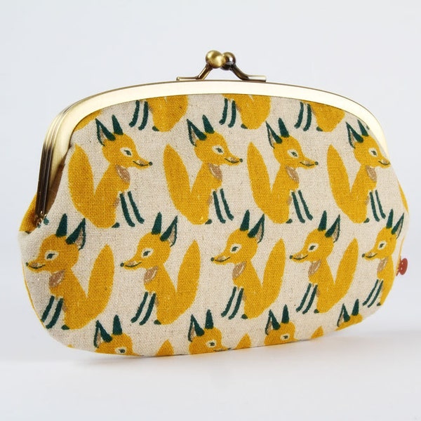 Metal frame purse with two sections - Foxes in yellow - big siamese / japanese fabric / dark forest green / brown grey / autumn woodland