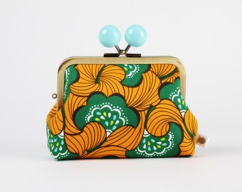 Kiss lock fabric wallet with color bobble - Japanese flowers in green and orange - Big pop-up / Double metal frame purse / Two sections