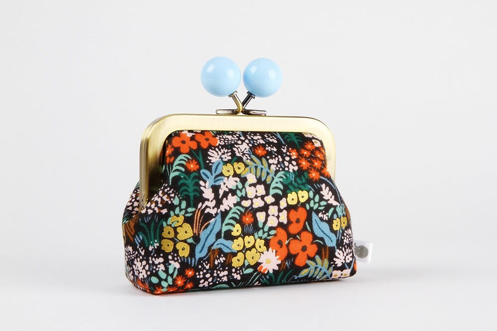 Metal frame coin purse with color bobble Meadow black multi Color dad Rifle Paper fabric kiss lock fabric wallet red blue flowers Etsy