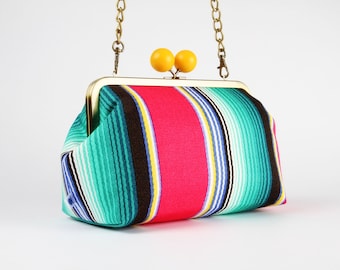 Metal frame purse with shoulder strap - Bold stripes in teal and red - Color handbag / Japanese fabric / Kisslock fabric bag