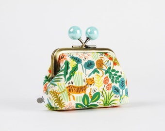 Metal frame coin purse with color bobbles - Jungle natural - Color mum / Kiss lock fabric wallet / Rifle Paper Co / green orange tiger