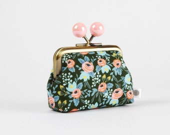 Metal frame coin purse with color bobbles - Rosa hunter - Color mum / Rifle Paper fabric / kiss lock mini wallet / pink blue flowers