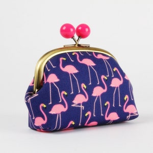 Metal frame coin purse with color bobbles - Gracious flamingo - Color smile / Kiss lock fabric wallet / Tropical