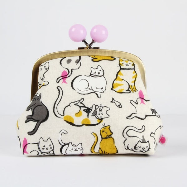 Metal frame clutch bag - Schmitties in mustard - Color bobble purse / Japanese fabric / Cotton and Steel / Cat lady Wattsalot / cute cats