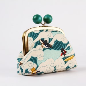 Metal frame clutch bag - Surfin' cats in green - Color wooden bobble purse / Japanese fabric / Kawaii cats / teal white waves red yellow