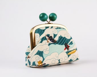 Metal frame clutch bag - Surfin' cats in green - Color wooden bobble purse / Japanese fabric / Kawaii cats / teal white waves red yellow