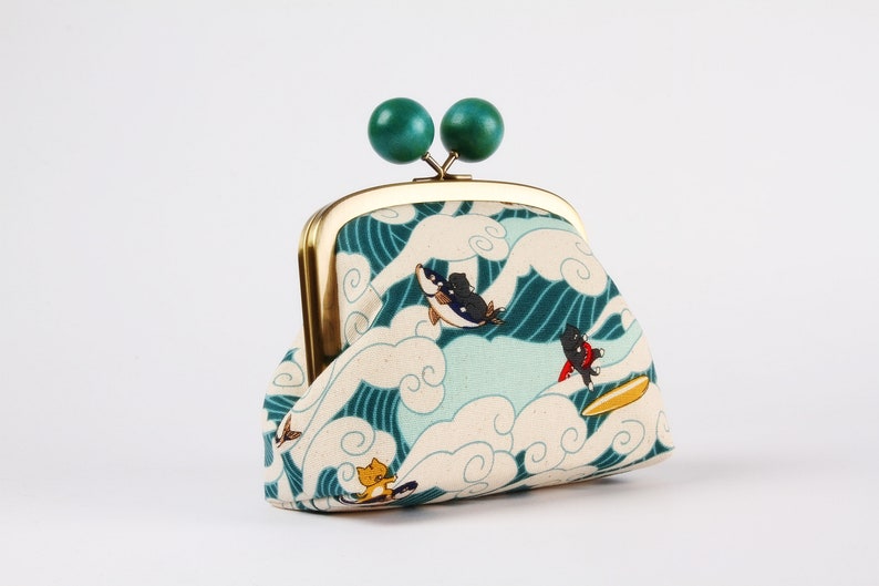 Metal frame clutch bag Surfin' cats in green Color wooden bobble purse / Japanese fabric / Kawaii cats / teal white waves red yellow image 1