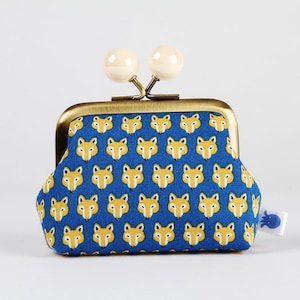 Metal frame coin purse with color bobbles - Tiny fox faces in blue - Color mum / Kisslock fabric wallet / Clasp purse / curry yellow brown