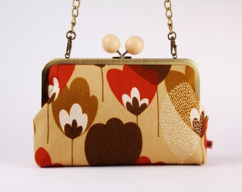 Metal frame bag with shoulder strap - Big graphic tulips in autumn colors - Little handbag / Kisslock fabric purse