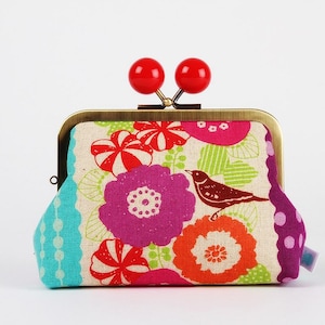 Kiss lock fabric wallet with color bobble - Floral stripes in pink - Big pop-up / Double metal frame purse / Two sections wallet / Echino