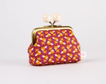 Metal frame coin purse with color bobbles - Chibi deer in purple - Color mum / Kisslock fabric wallet / Japanese fabric