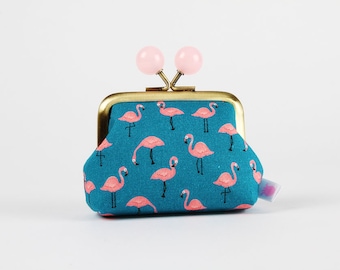 Metal frame coin purse with color bobbles - Mini flamingo on teal - Color mum / Cute fabric wallet / Little coin purse / Tropical