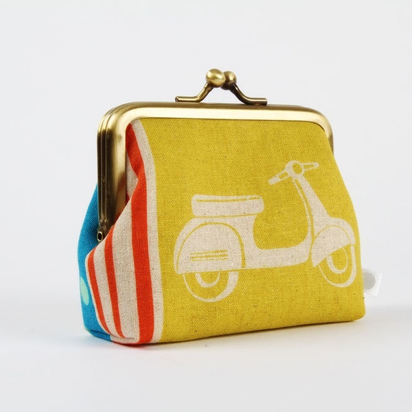 Metal frame purse with two sections - Scooters on yellow - Siamese dad / Echino NiCo collection / Summer inspiration / blue orange stripes