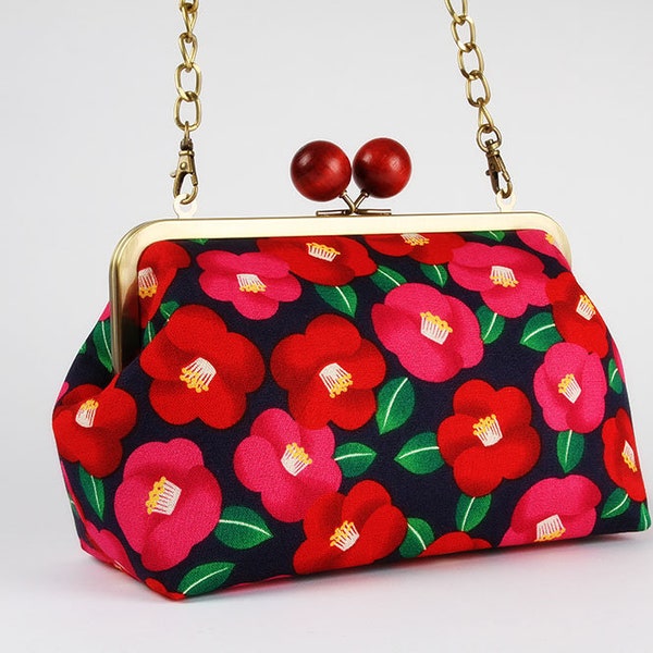 Metal frame purse with shoulder strap - Tsubaki navy - Color handbag / Japanese fabric / Clasp purse / Kisslock clutch / Cosmetic case