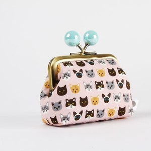 Metal frame coin purse with color bobbles - Tiny cats faces - Color mum / Kisslock fabric wallet / Clasp purse