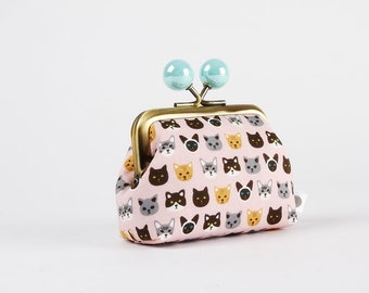 Metal frame coin purse with color bobbles - Tiny cats faces - Color mum / Kisslock fabric wallet / Clasp purse