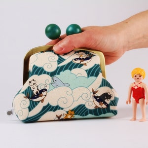 Metal frame clutch bag Surfin' cats in green Color wooden bobble purse / Japanese fabric / Kawaii cats / teal white waves red yellow image 7