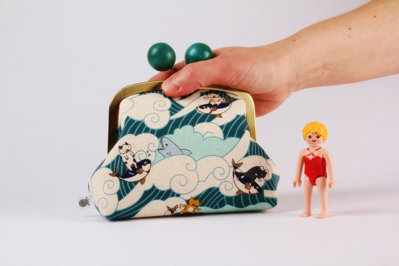 Metal frame clutch bag Surfin' cats in green Color wooden bobble purse / Japanese fabric / Kawaii cats / teal white waves red yellow image 7