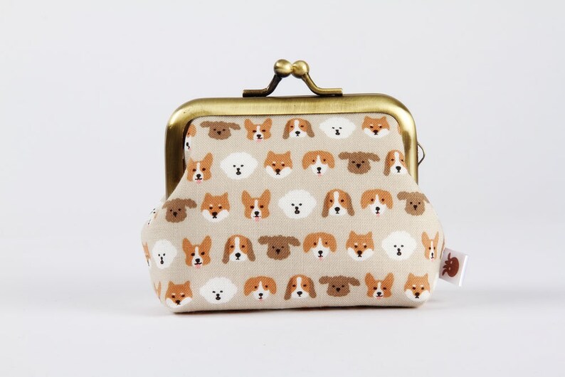 Big mum Korean fabric Kawaii dogs gray beige brown white Tiny puppy faces Little kisslock purse