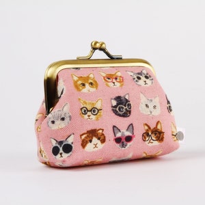 Small metal frame change purse - Cats with glasses on pink - Big mum / Kawaii japanese fabric / Kisslock fabric wallet / cats faces