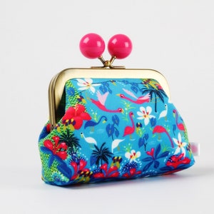 NEW EXCLUSIVE Peggy Nille design - Metal frame coin purse with color bobble - Flamants roses - Color dad in velvet fabric / Kisslock pouch