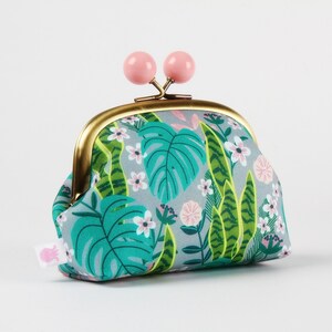 Metal frame coin purse with color bobbles - Sansevieria turquoise - Color smile / Kiss lock fabric wallet / Tropical plant / green pink
