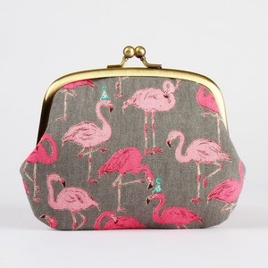 Metal frame purse with two sections - Flamingo party in gray - Pop up / Japanese fabric /Kisslock wallet / Pink flamingo green party hats