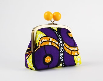 Metal frame clutch bag - Geometric shapes in purple and yellow - Color wooden bobble purse / Kisslock cosmetic case / Wax fabric