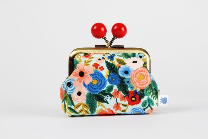 Metal frame coin purse with color bobbles Petite garden party in blue Color mum / Rifle Paper / kisslock fabric wallet / red flowers image 2