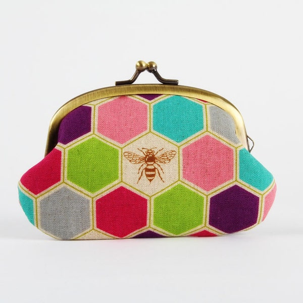 Metal frame coin purse - Bees in pink - Big smile / geometric hexagon / fuchsia purple turquoise lime green / insect / nature inspired