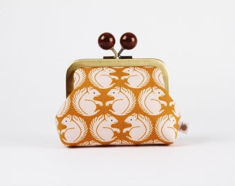 Metal frame coin purse with color bobble - Squirrel in gold - Color dad / Loes Van oosten / Kiss lock fabric wallet / yellow peach