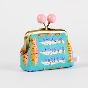 Metal frame coin purse with color bobbles - Sardines turquoise - Color mum / Kiss lock fabric wallet / Ruby Star Society