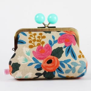 Kiss lock fabric wallet with color bobble - Rosa natural - Big pop-up / Double metal frame purse / Two sections wallet / Rifle paper