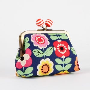 Kiss lock fabric wallet with color bobble - Retro blooming flowers in denim - Big pop-up / Double metal frame purse / Two sections wallet