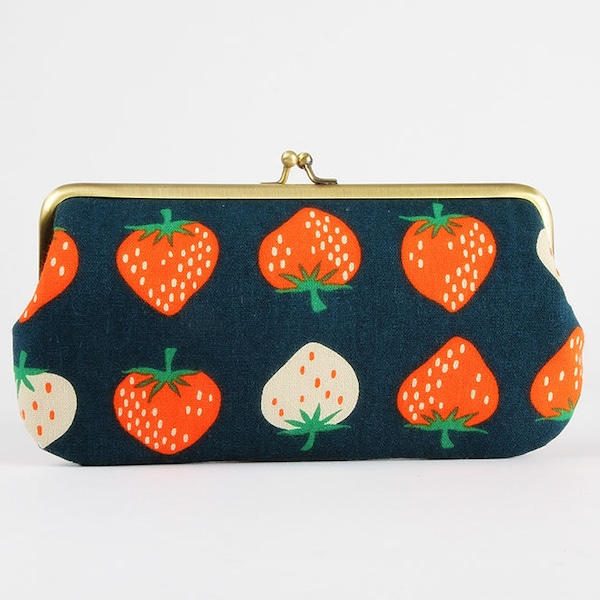 Frame purse with two sections - Strawberry canvas in blue - Wowlet / Kisslock wallet / Kim Kight  / Ruby Star Society / Navy blue green red