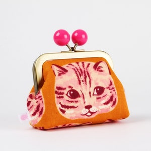Metal frame coin purse with color bobble - Meow meow in earth - Color dad /  Sarah Watts / Kisslock fabric wallet / pink copper brown