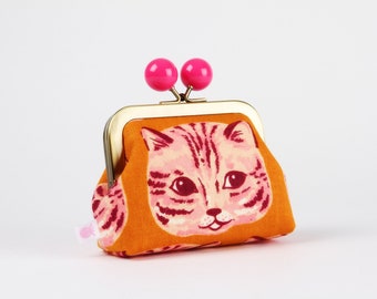 Metal frame coin purse with color bobble - Meow meow in earth - Color dad /  Sarah Watts / Kisslock fabric wallet / pink copper brown