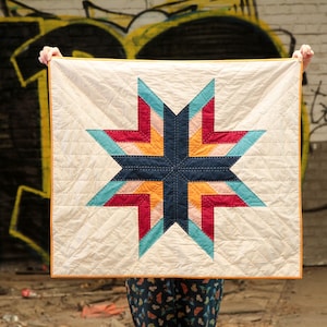 Modern geometric handmade cotton quilt / Baby patchwork blanket / Unique handquilted birth gift / Textile art / Cabin star quilt
