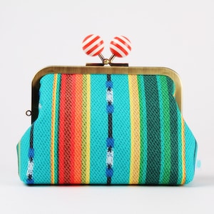 Kiss lock fabric wallet with color bobble Ethnic striped Big pop-up / Double metal frame purse / Two sections wallet image 1