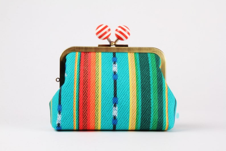 Kiss lock fabric wallet with color bobble Ethnic striped Big pop-up / Double metal frame purse / Two sections wallet image 1