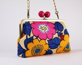 Metal frame bag with shoulder strap - Jambo flowers pink yellow - Little handbag / Japanese fabric / Kisslock purse / Crossbody bag