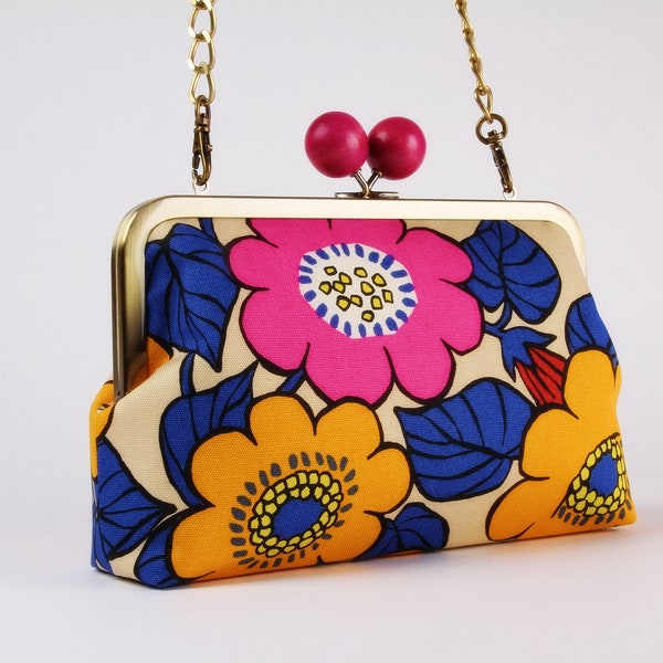 Sac à main rétro avec chaîne en métal et boules colorées - Jambo flowers rose jaune - Little handbag /  Sacoche inspiration vintage / fleurs
